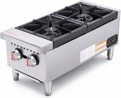 Commercial 2 Burner Hob Stove Countertop – Heavy Duty Stainless Steel Cooker with Cast Iron Pan Supports for Restaurants, Catering & Professional Kitchens (Stainless Steel, LPG)