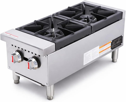 Commercial 2 Burner Hob Stove Countertop – Heavy Duty Stainless Steel Cooker with Cast Iron Pan Supports for Restaurants, Catering & Professional Kitchens (Stainless Steel, LPG)