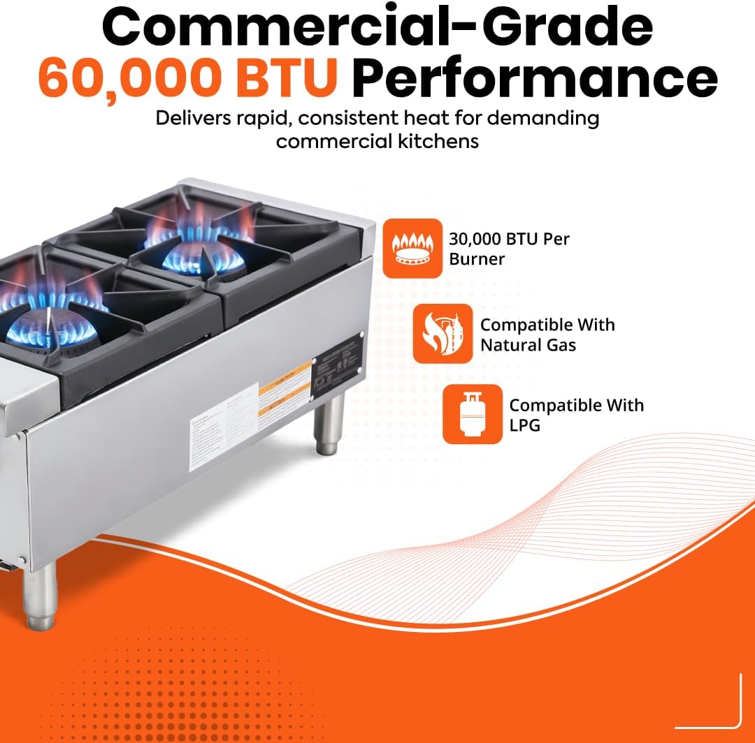 Commercial 2 Burner Hob Stove Countertop – Heavy Duty Stainless Steel Cooker with Cast Iron Pan Supports for Restaurants, Catering & Professional Kitchens (Stainless Steel, LPG)