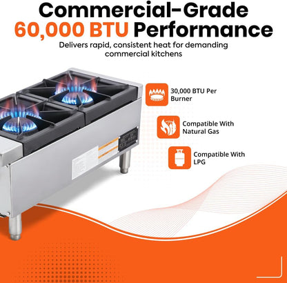 Commercial 2 Burner Hob Stove Countertop – Heavy Duty Stainless Steel Cooker with Cast Iron Pan Supports for Restaurants, Catering & Professional Kitchens (Stainless Steel, LPG)