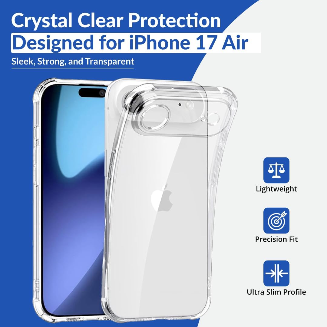 Case for iPhone 17 Air, Non-Yellowing Shockproof Phone Bumper Cover, Anti-Scratch Clear Back, 6.5-Inch Display (Clear)