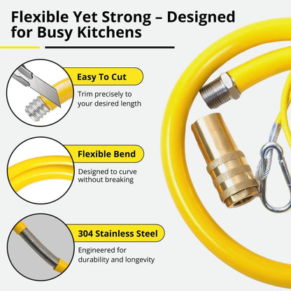 Commercial Gas Catering Hose 1/2 Inch x 1m - Heavy Duty Yellow Pipe for Kitchen, LPG, NG, Propane, Butane - Flexible Stainless Steel Braided Hose for...