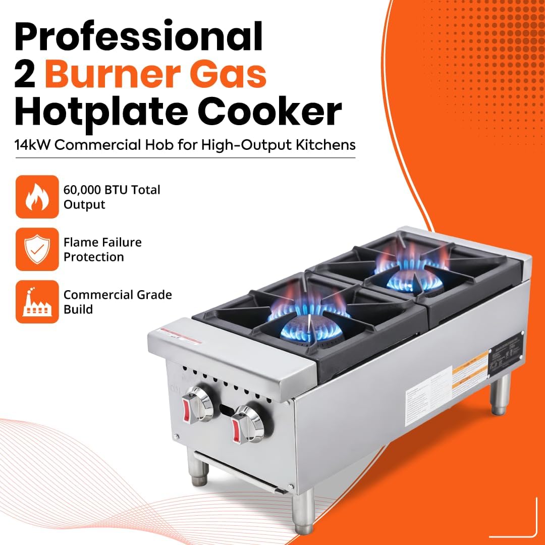 Commercial 2 Burner Hob Stove Countertop – Heavy Duty Stainless Steel Cooker with Cast Iron Pan Supports for Restaurants, Catering & Professional Kitchens (Stainless Steel, LPG)