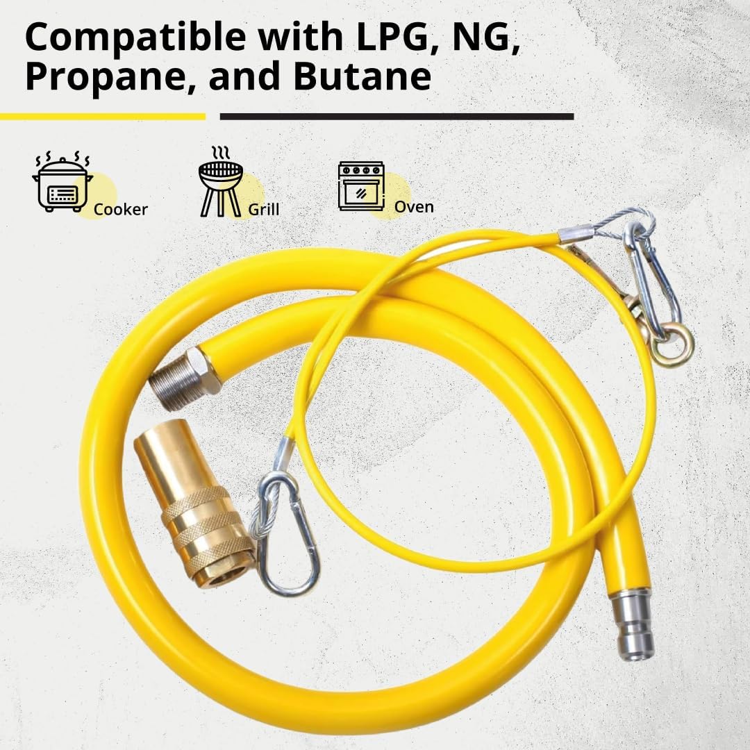 Commercial Gas Catering Hose 1/2 Inch x 1m - Heavy Duty Yellow Pipe for Kitchen, LPG, NG, Propane, Butane - Flexible Stainless Steel Braided Hose for...