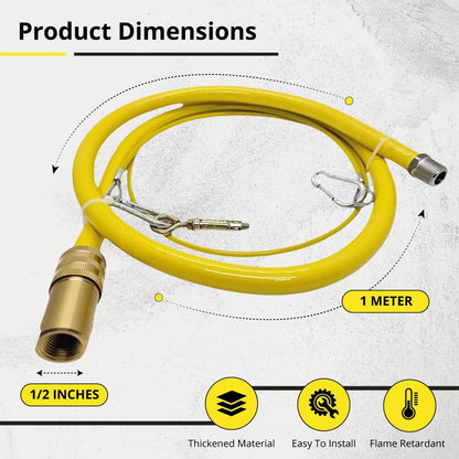 Commercial Gas Catering Hose 1/2 Inch x 1m - Heavy Duty Yellow Pipe for Kitchen, LPG, NG, Propane, Butane - Flexible Stainless Steel Braided Hose for...